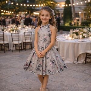 Emerald Sundae Silver Shimmer Halter Party A-Line Dress Bow Back Peach Pink Sz M